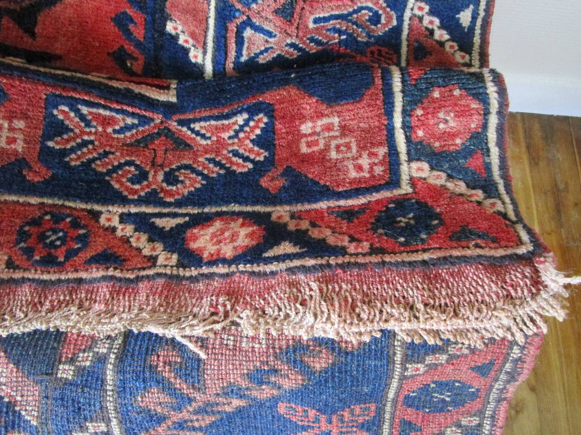 Carpet point knotted velvet wool blue red white 124 cm x 202 cm vintage