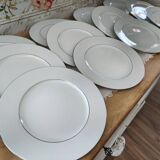 Set of 12 white porcelain dinner plates with double silver rim