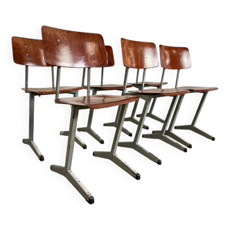 Set of 6 Galvanitas wooden industrial workshop chairs Netherlands 1960s