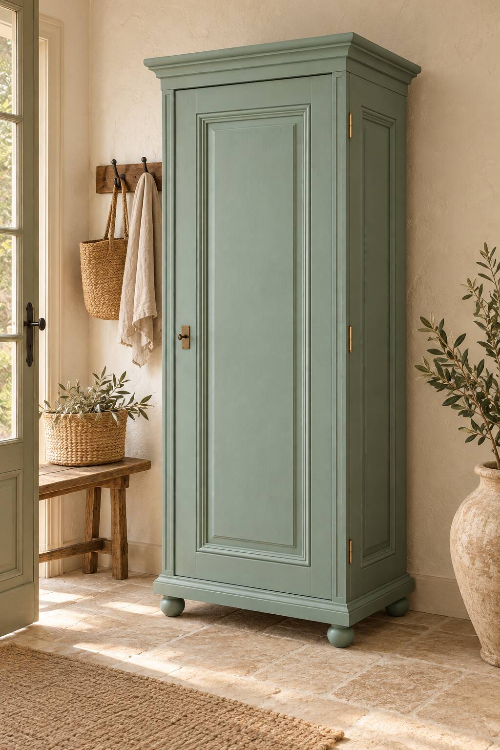 Parisian bonnetière, solid pine, Art Deco, renovated, grey-green.