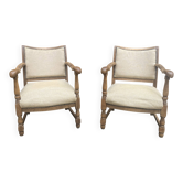 Paire de fauteuils bois et tissu écru