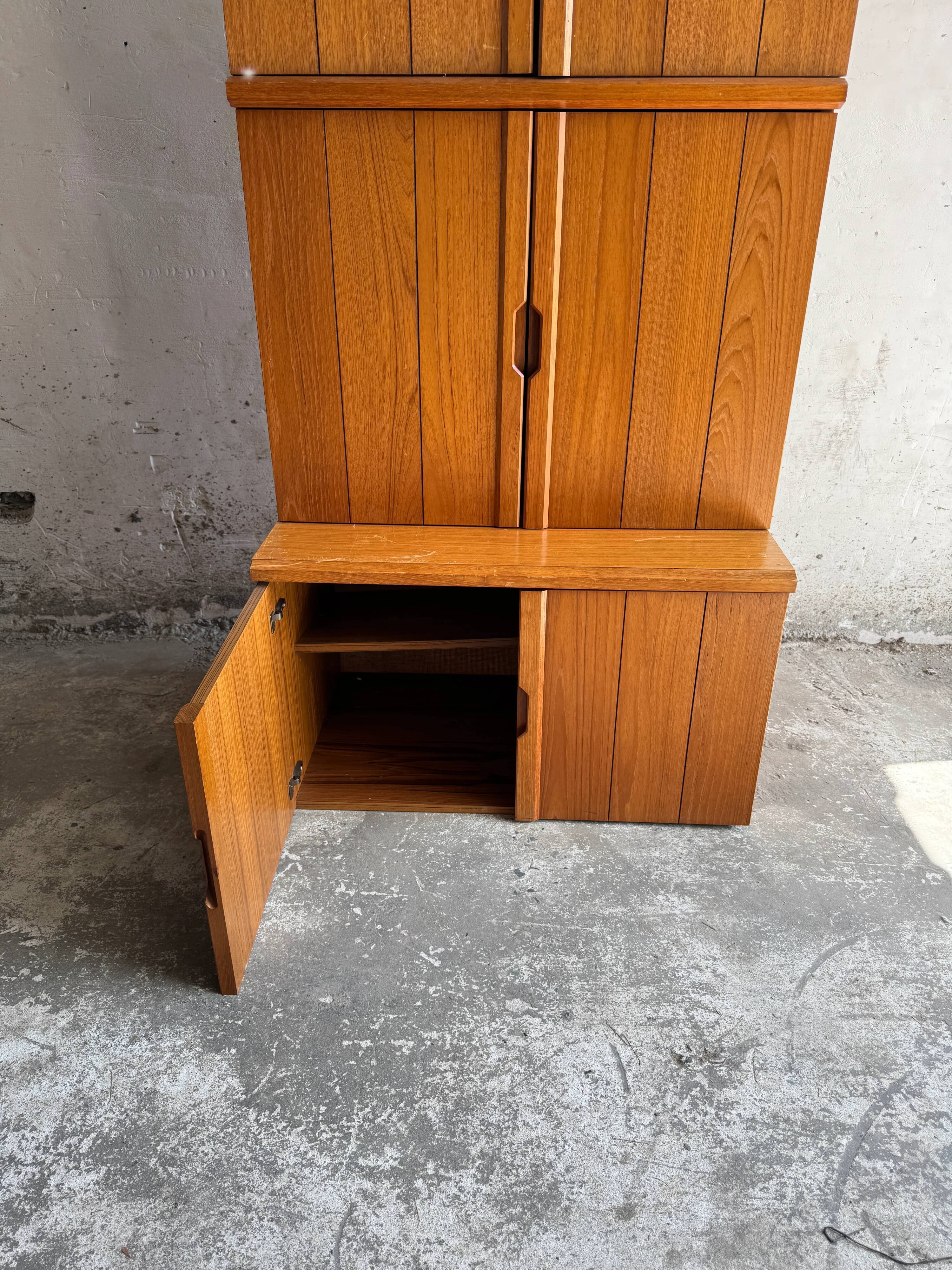 Tall Danish Teak Cabinet, Warm Brown Teak with Integrated Handles, 1970s Modular Design