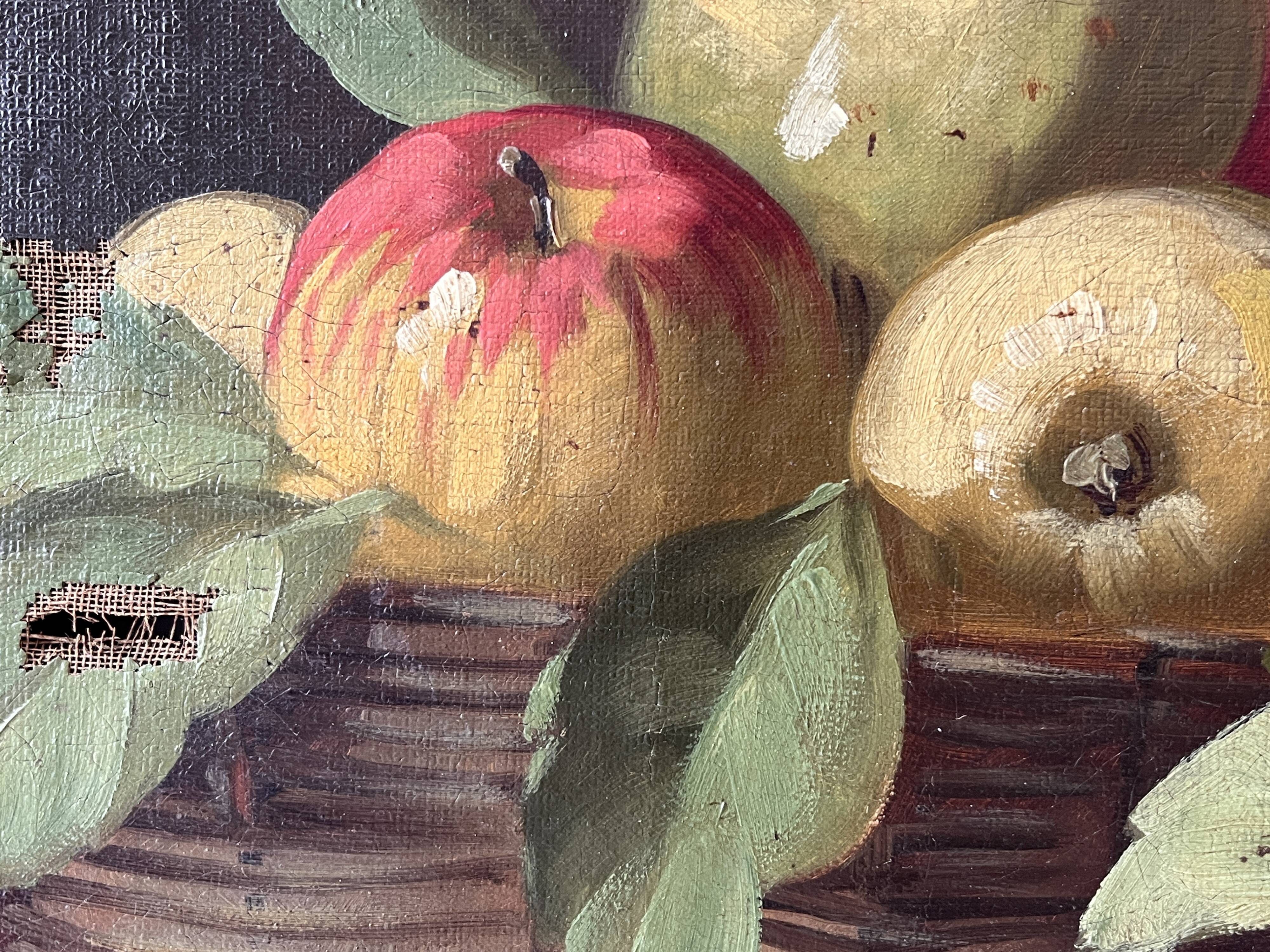 Peinture de nature morte à l'huile sur toile 1900, tableau melon et fruits
