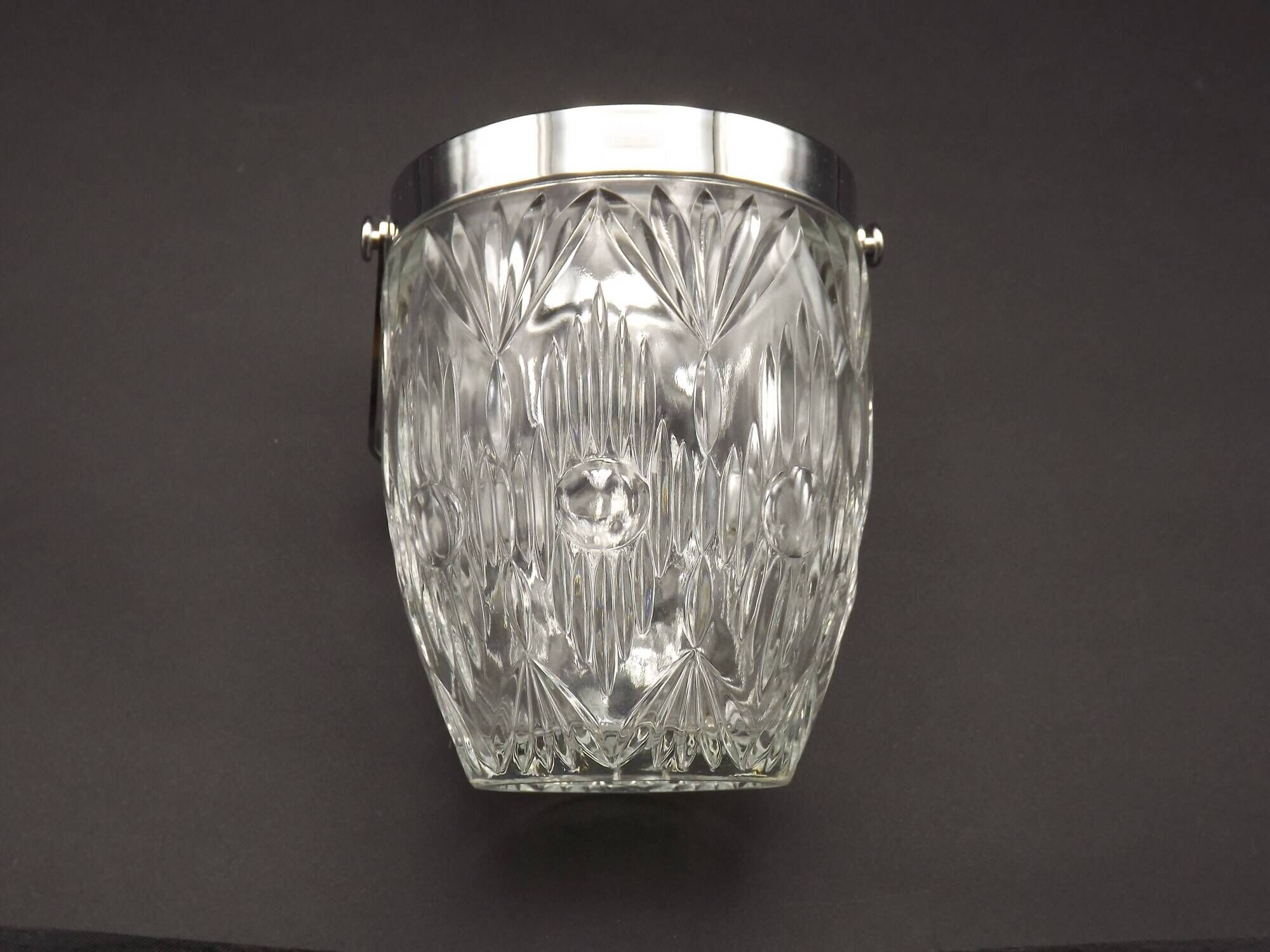 Quality Cut Glass French Vintage Ice Bucket Silver Metal Carry Handle 4507
