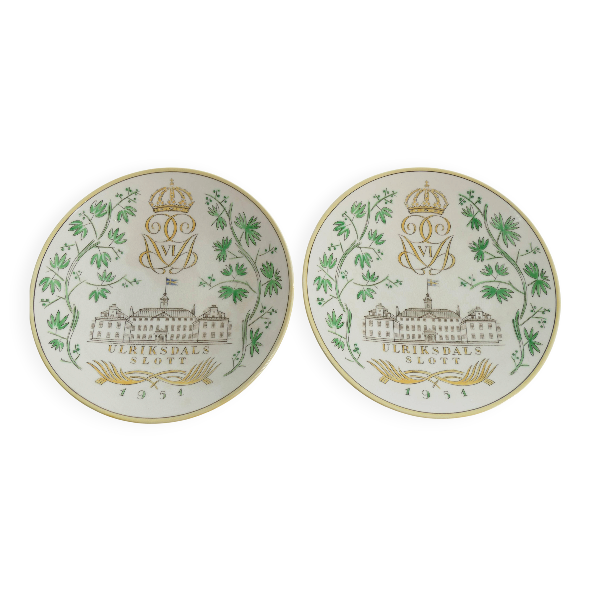 Swedish Grace Plates with Ulriksdal Palace in Yellow and Green by Gefle 1951