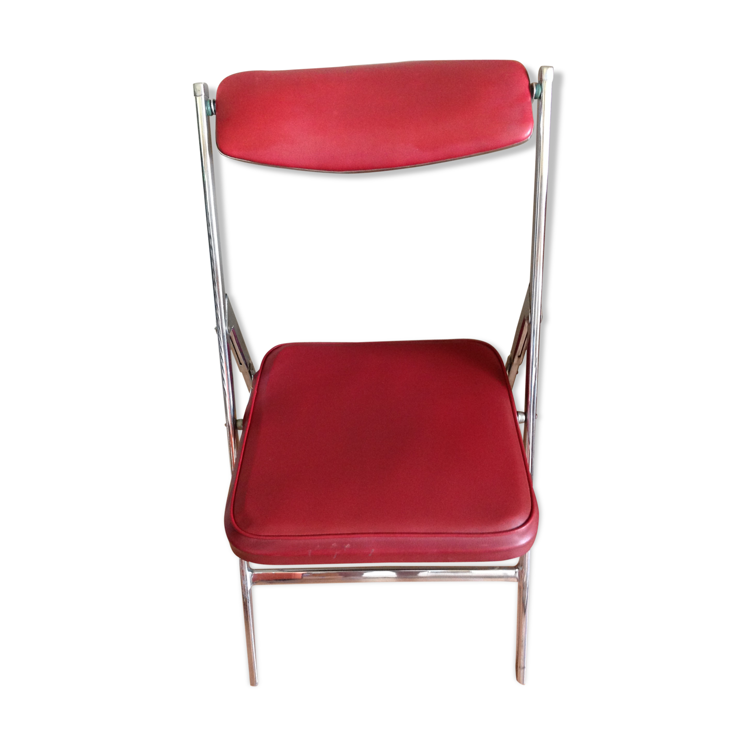 Folding chair in chromed metal and Red leatherette/vintage years 60-70