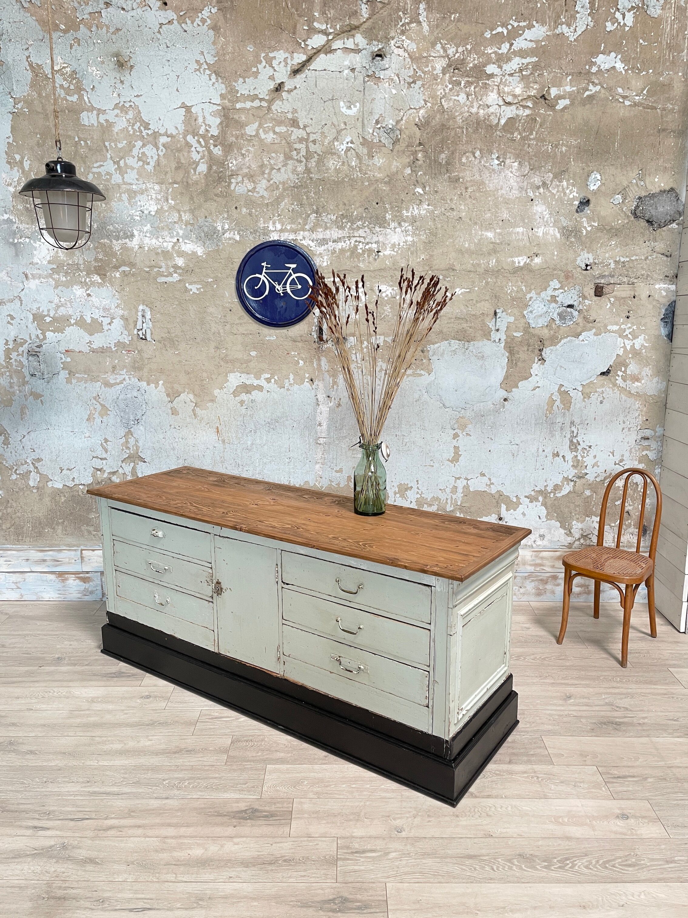 Bank counter furniture in patinated wood, circa 1900
