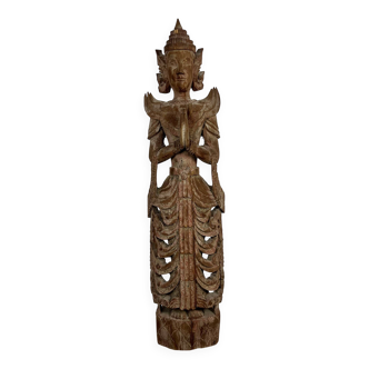 Large carved wooden statuette of a kinaree worshipping a devi. Thailand