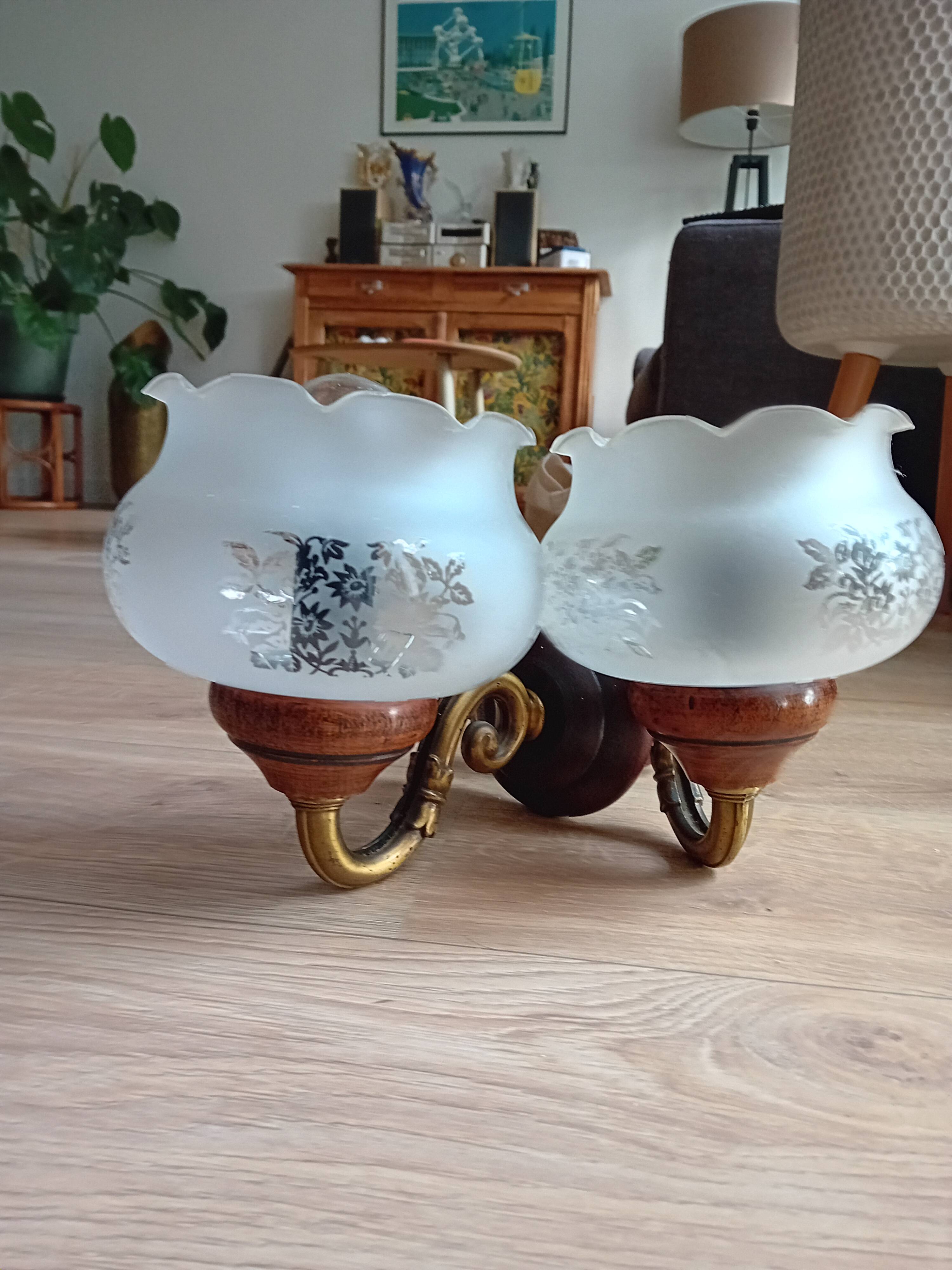 Pair of sandblasted glass, wood and brass wall lights