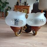 Paire d'applique verre sablé bois et laiton