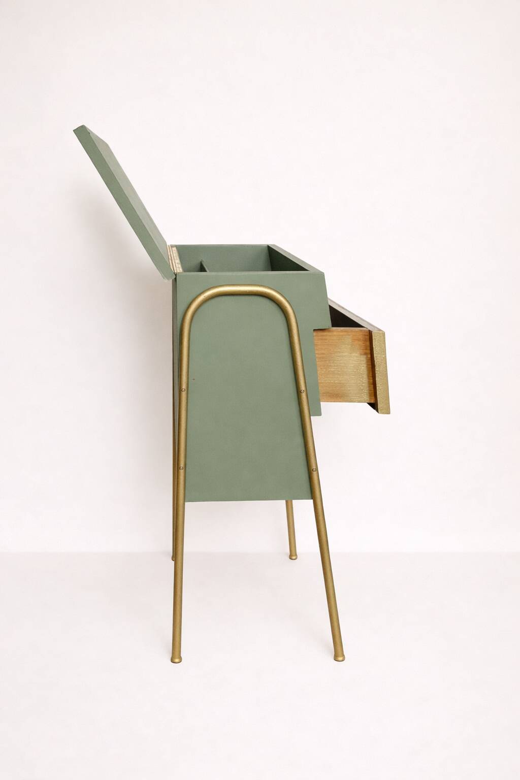 Vintage 1970s work table with a foldable top and drawer.