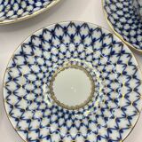 Service à thé russe en porcelaine Lomonosov en filet de Cobalt