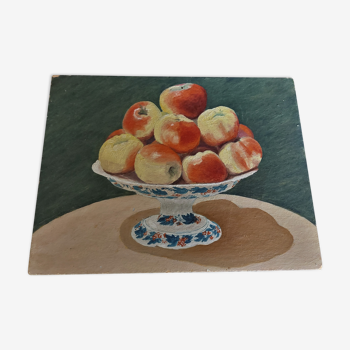 Tableau peinture huile sur panneau nature morte pommes