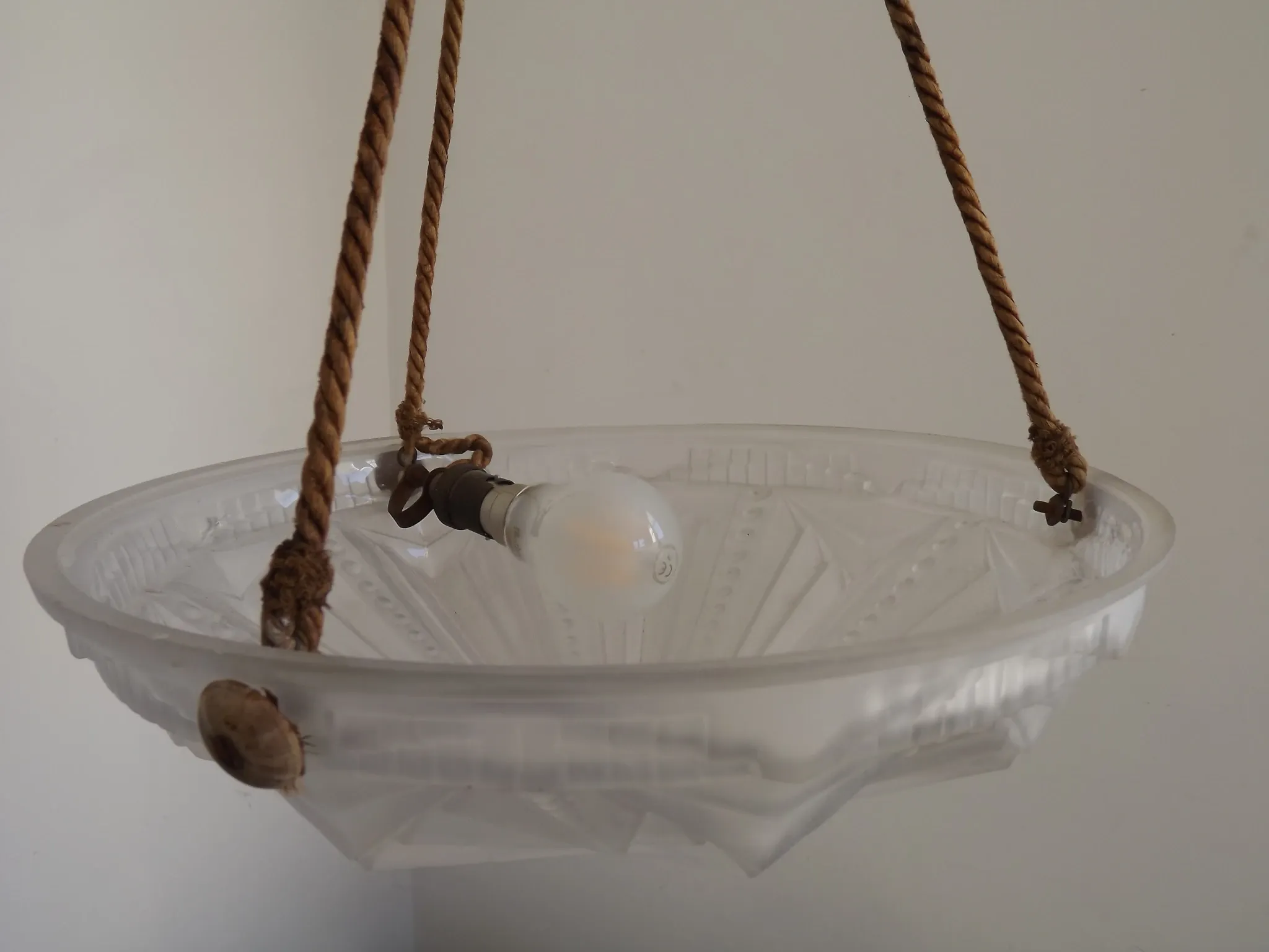 French Vintage Art Deco White Glass Abstract Platformier Ceiling LIght