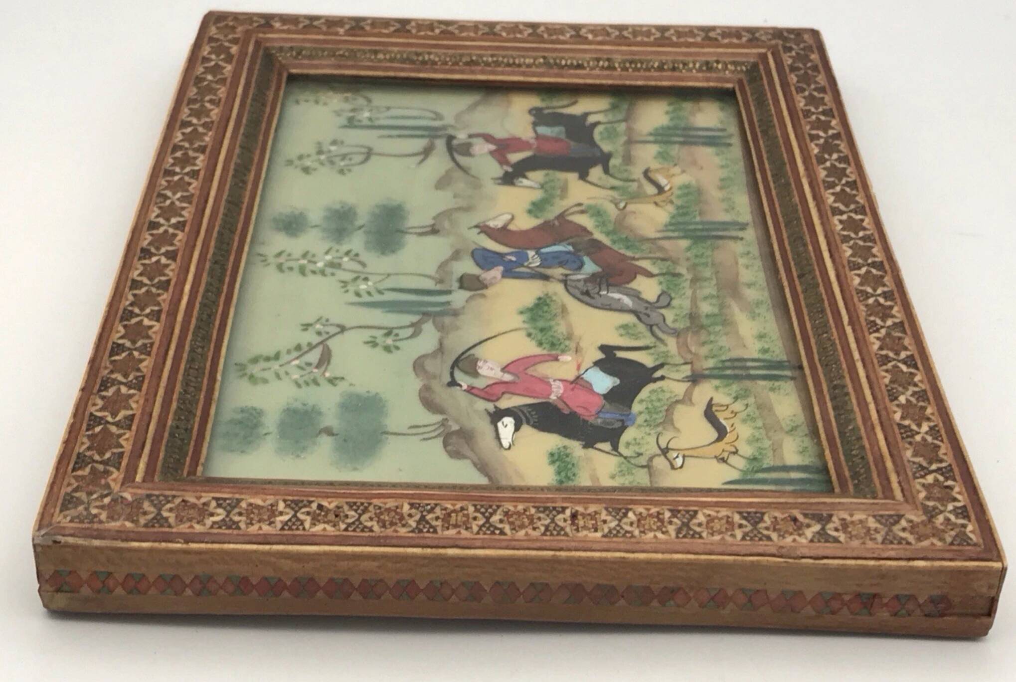 Ancient Indo-Persian painting with wooden mosaic frame