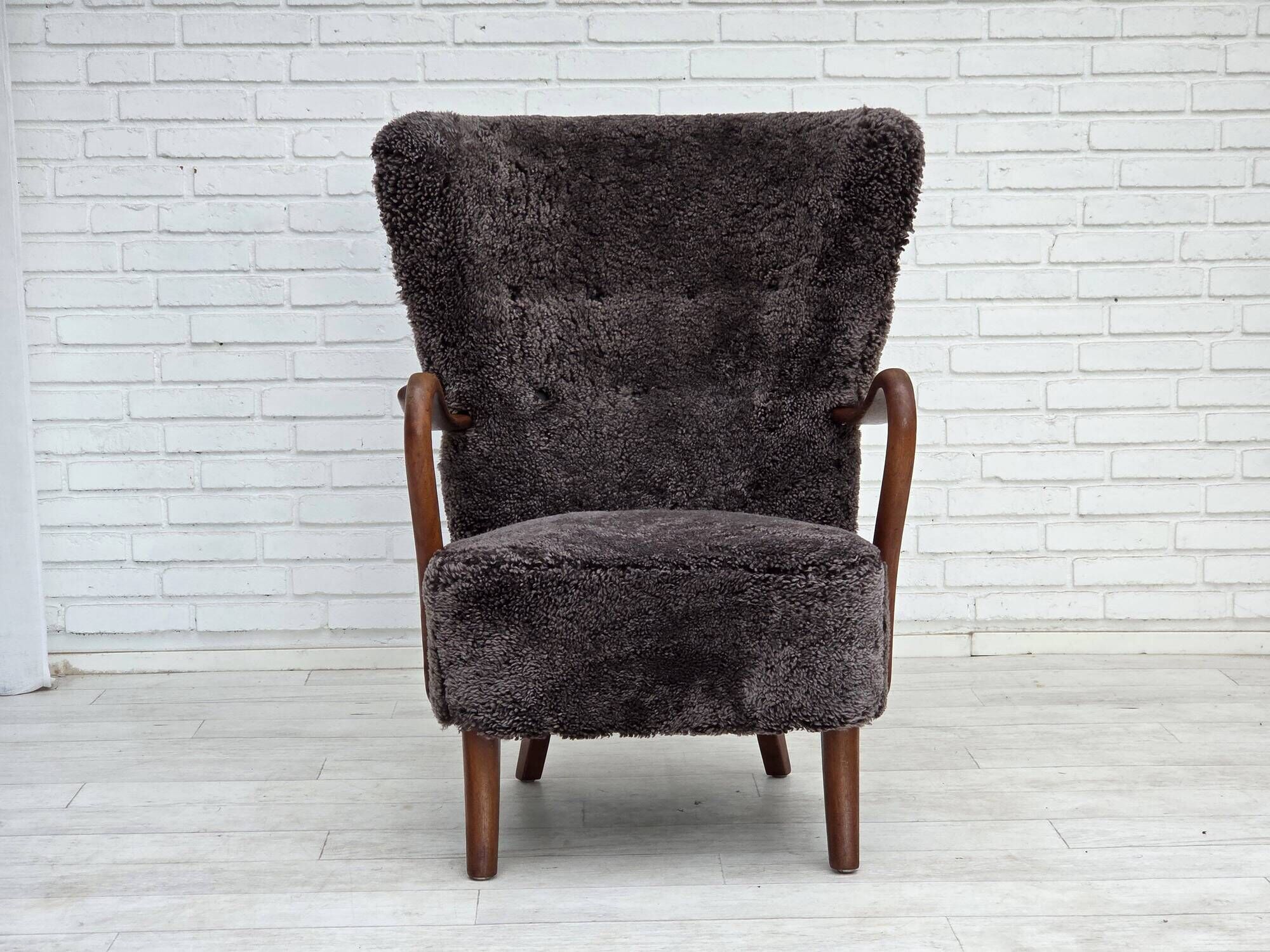 1960s, Danish armchair, reupholstered, genuine sheepskin.