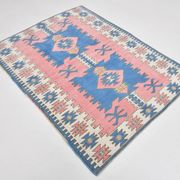 Tapis vintage bleu et rose 5x6, tapis turc en laine fait main, 141x184 cm