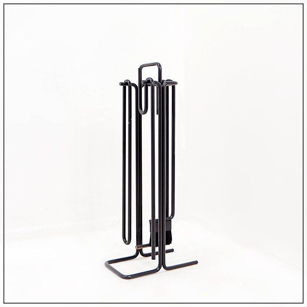 Minimalist black metal fireplace accessory set 'Mace-Line' by Ann Maes - 1970s