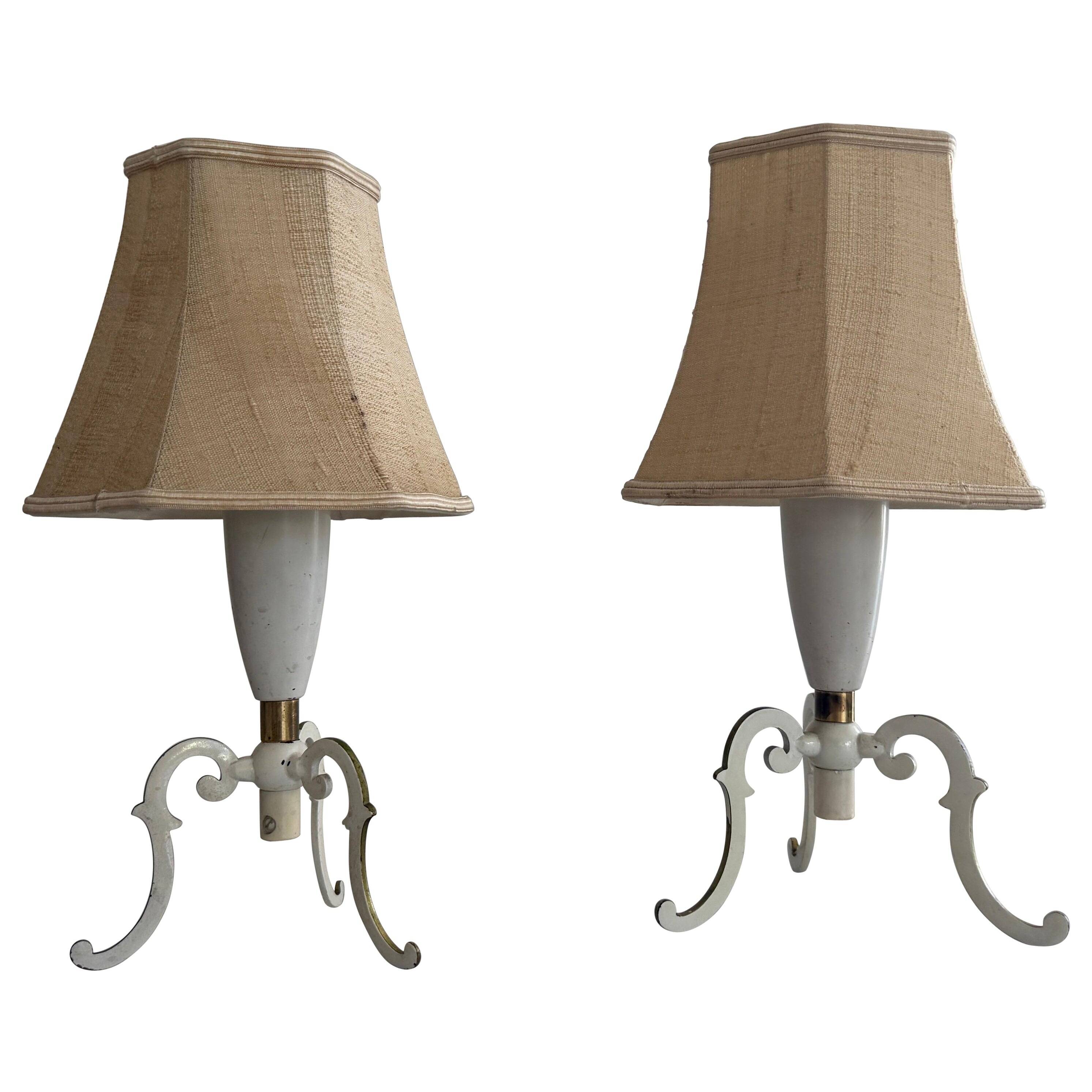 Paire de lampes de chevet du milieu du siècle en laiton et abat-jour en tissu, années 1960, Allemagne