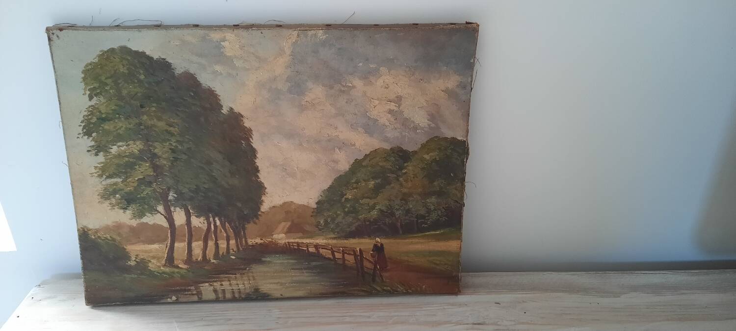 Old oil painting countryside scene