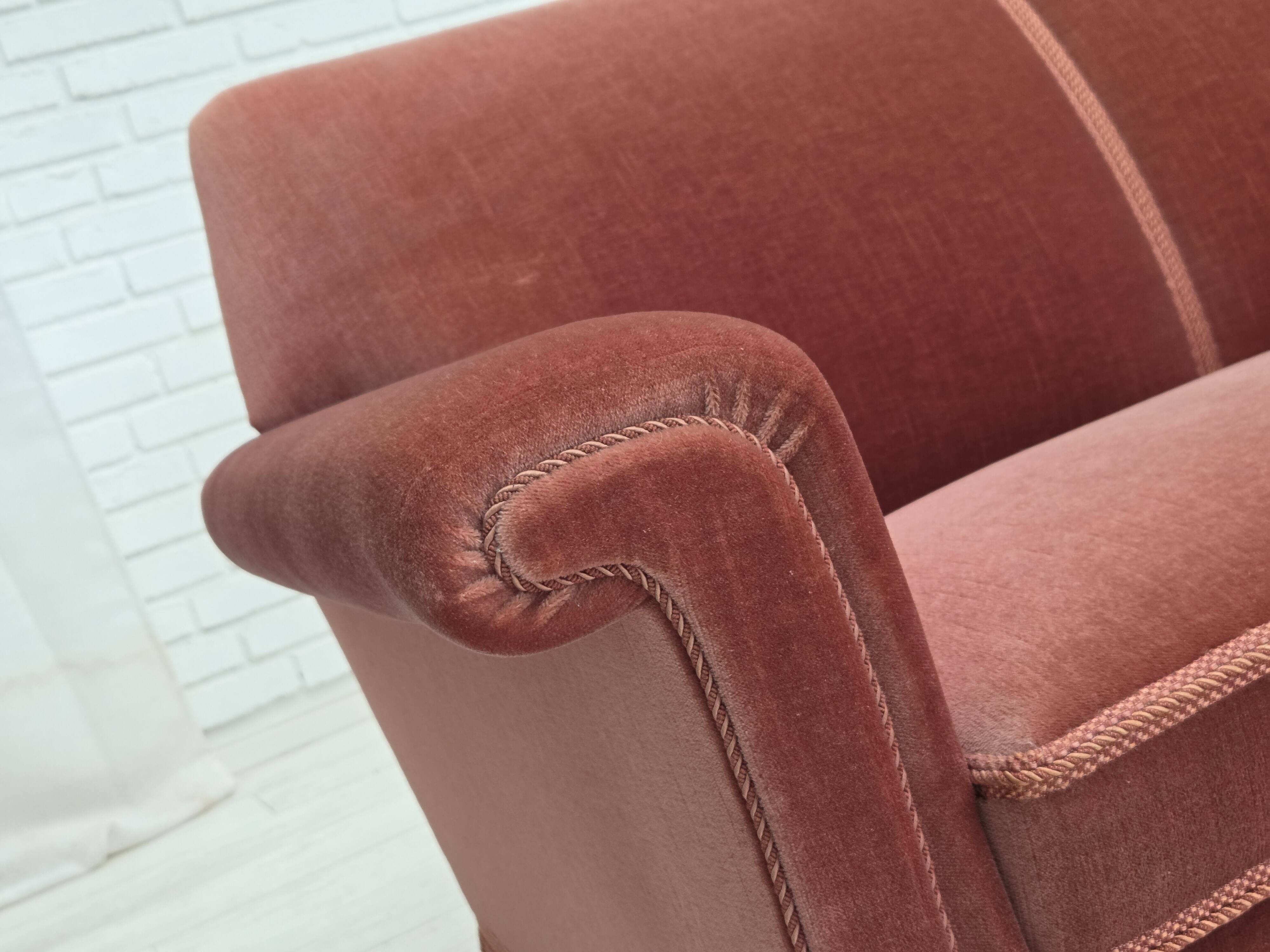 1970s, Danish 3-seater sofa, salmon pink furniture velour, beech wood.