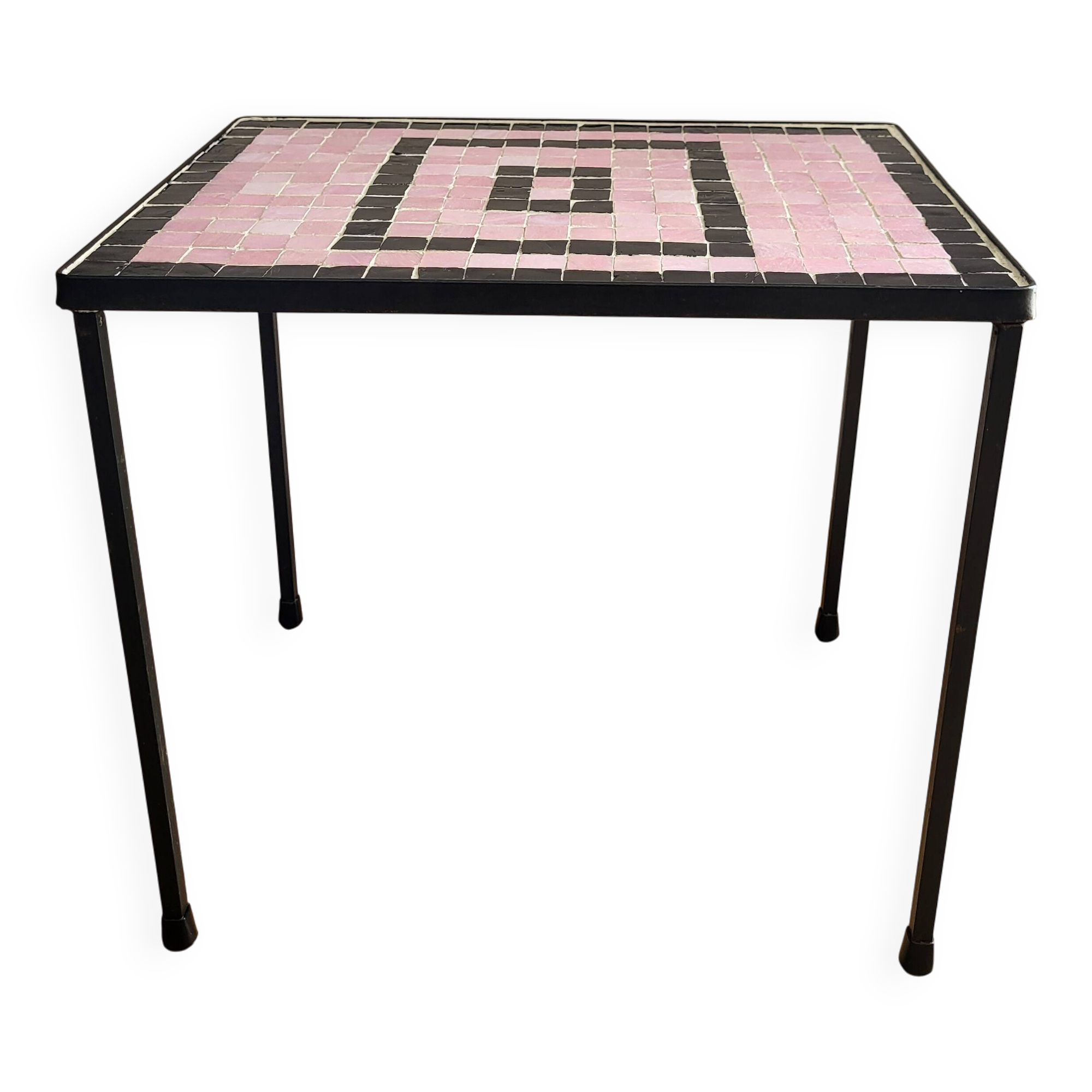 Plantentafeltje vintage avec betegeld mozaïek bovenblad en rose noir 1960