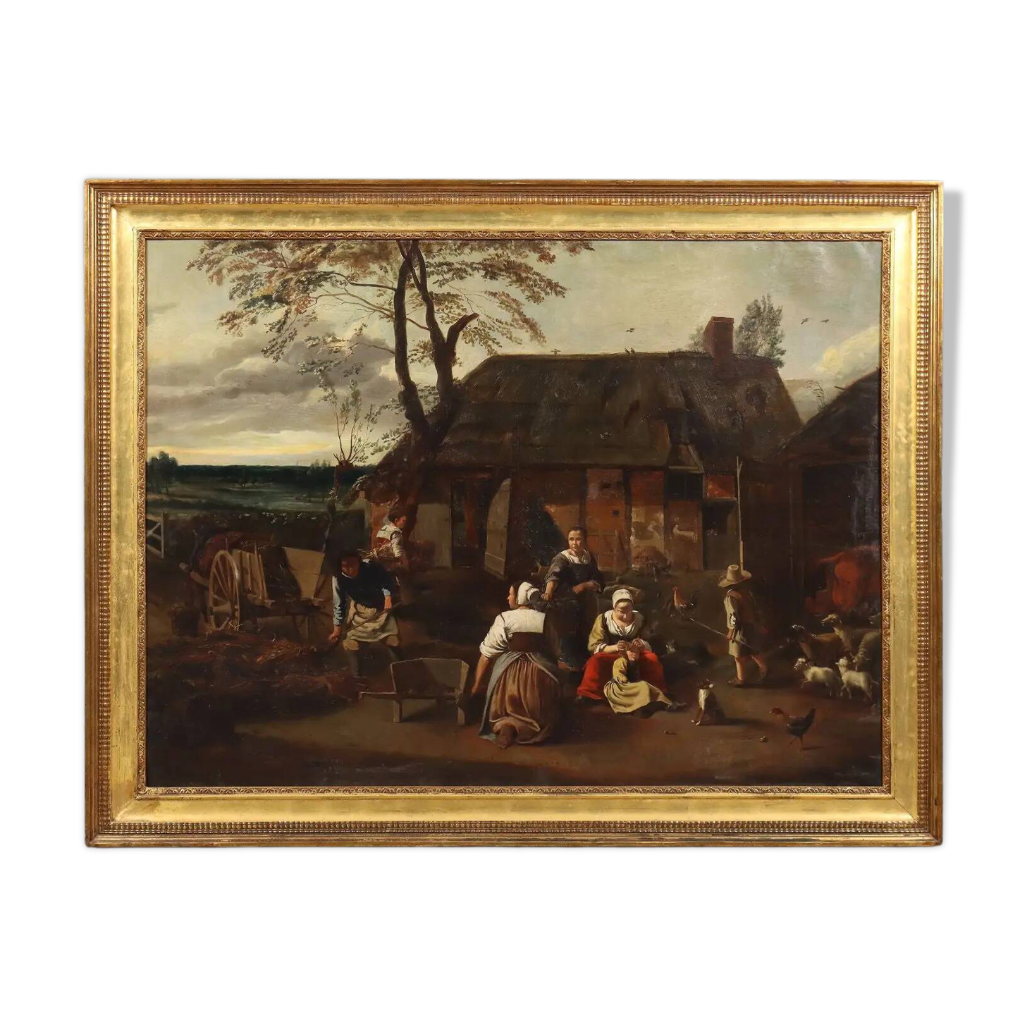Peinture ancienne scène champêtre, huile sur toile, Europe du Nord '800