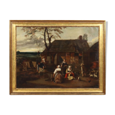 Peinture ancienne scène champêtre, huile sur toile, Europe du Nord '800