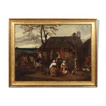 Old painting of a rural scene, oil on canvas, Northern Europe '800