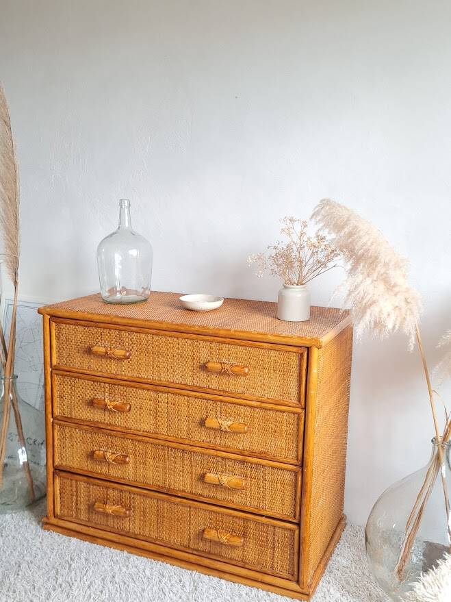 Vintage rattan chest of drawers circa 70s