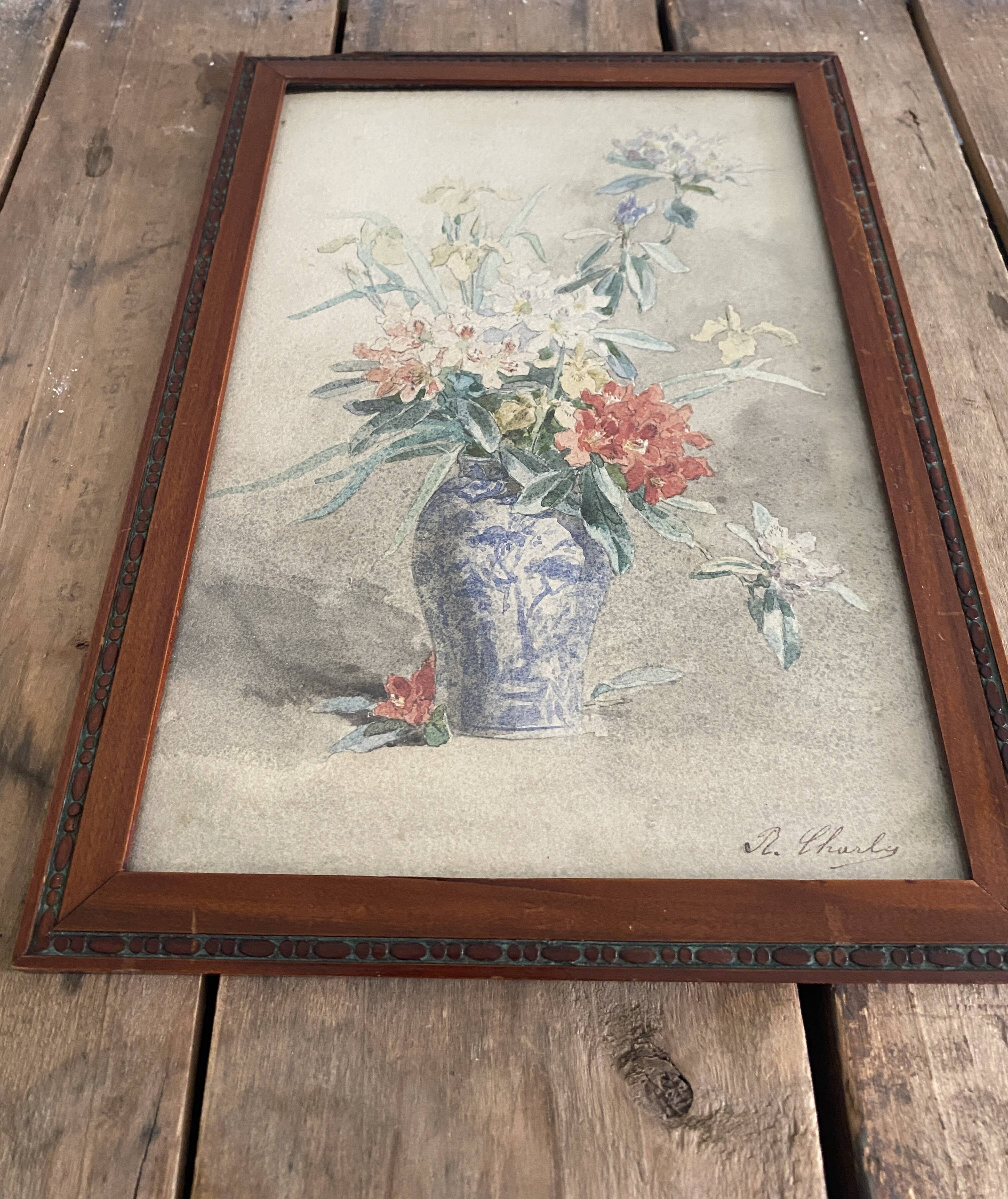 Aquarelle et cadre bois vernis 1900