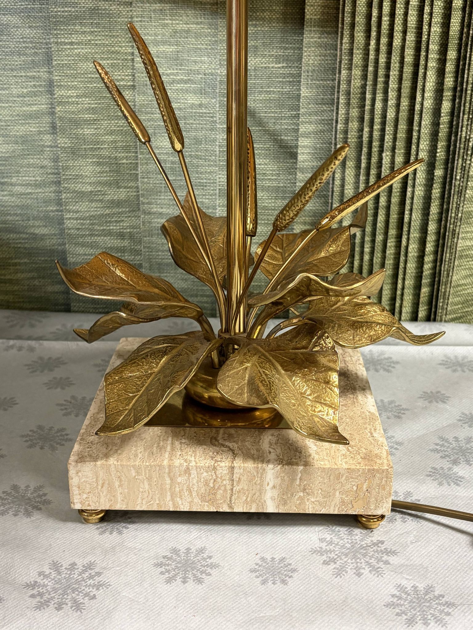 Bronze and travertine water lily lamp attributed to Maison Charles, circa 1970.