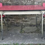 Red Formica table, 4 matching Formica chairs, vintage, 60s.