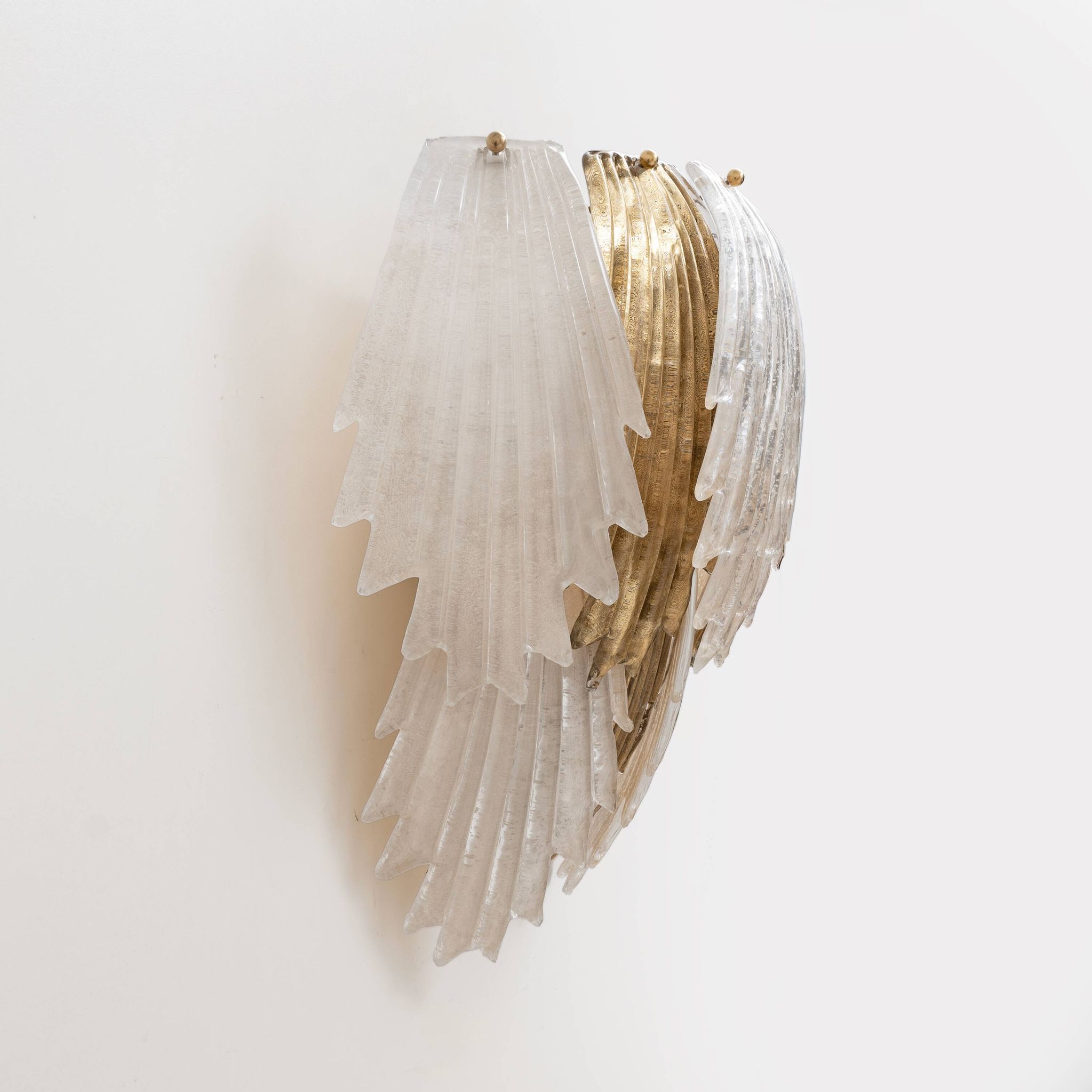 Italian Art Deco Style Murano Glass and Brass Leaf Wall Sconces, Pair