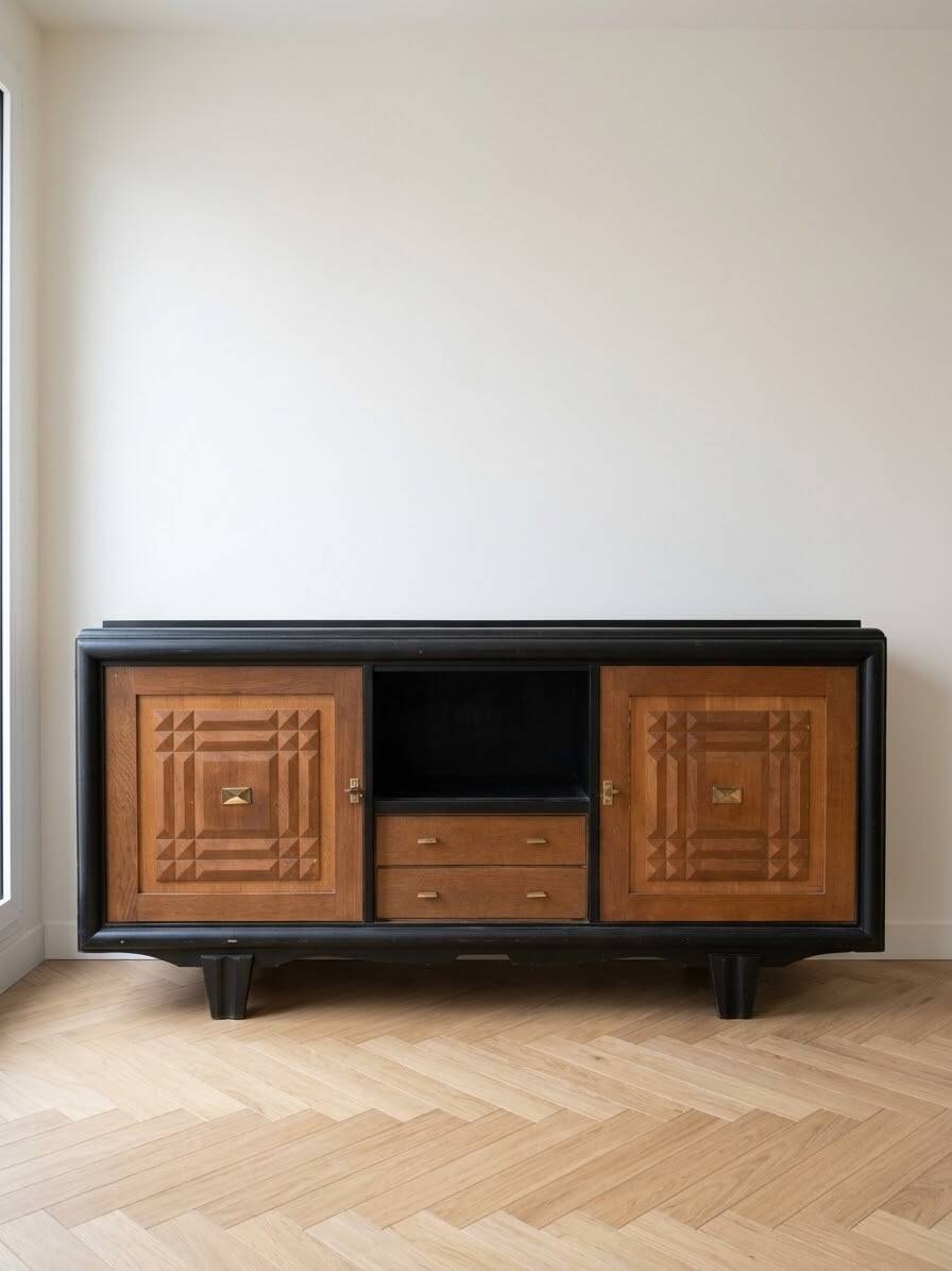 Buffet in Art Deco style made of blackened wood and carved oak.