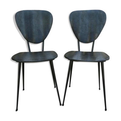 Paire de chaises avec pieds effilés en métal et Skaï noir, années 60