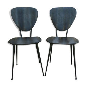 Pair of chairs with tapered metal legs and black Skaï, 60s