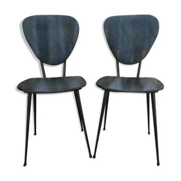 Pair of chairs with tapered metal legs and black Skaï, 60s