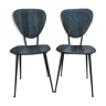 Pair of chairs with tapered metal legs and black Skaï, 60s