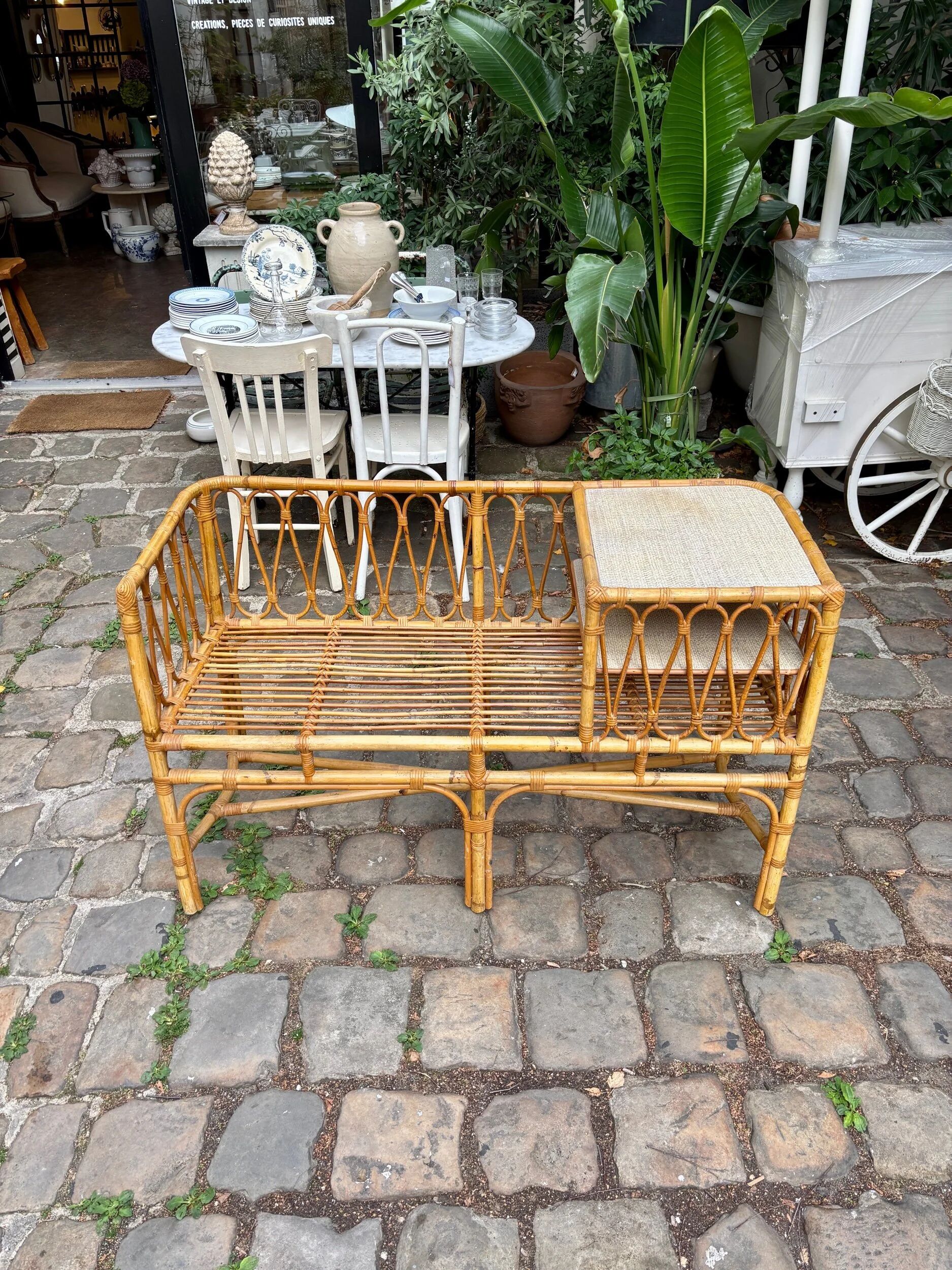 1960s beige rattan and cotton bench