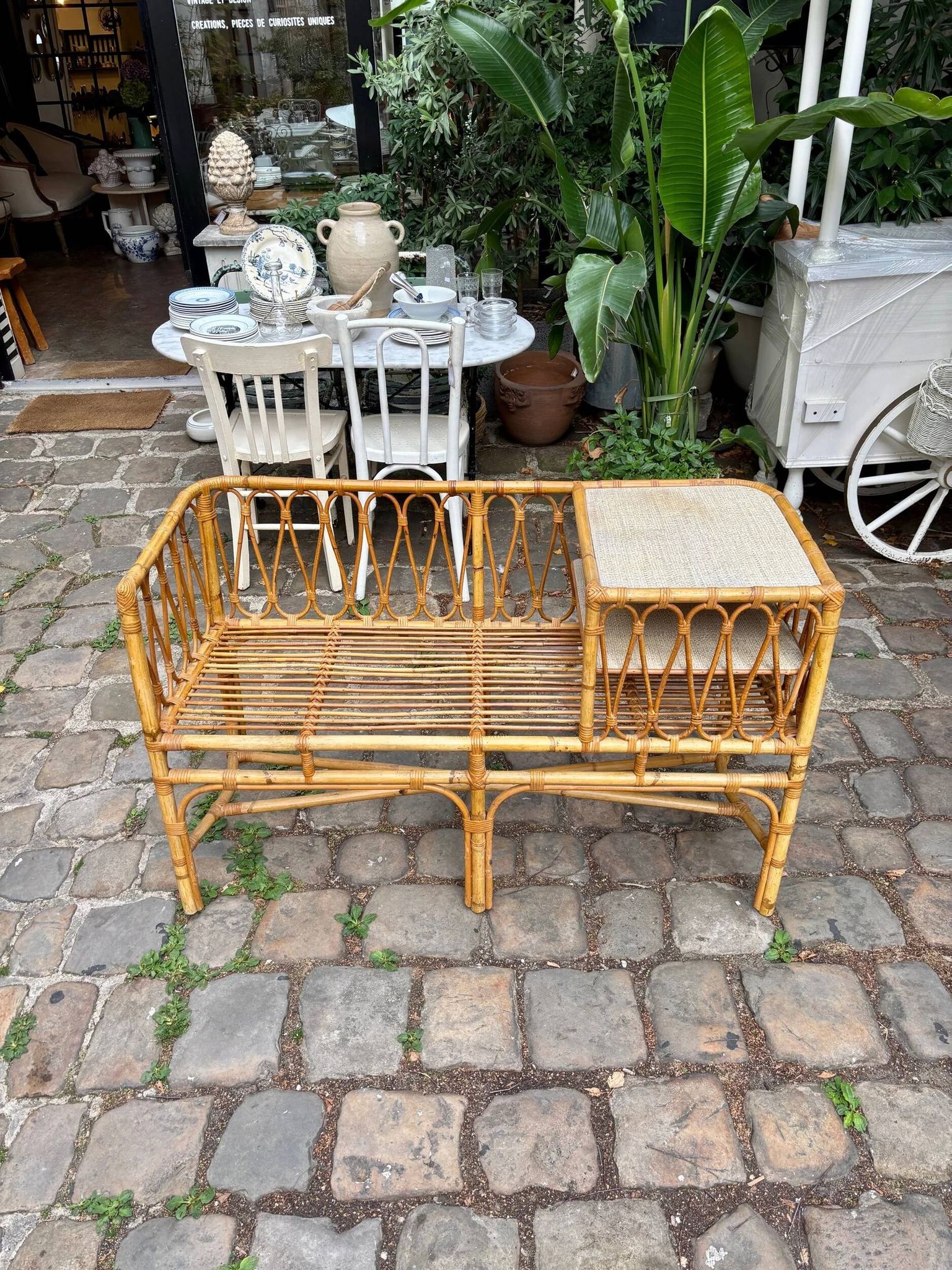 1960s beige rattan and cotton bench