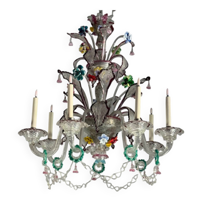 Lustre vénitien en verre de Murano multicolore 7 bras de lumière, vers 1920