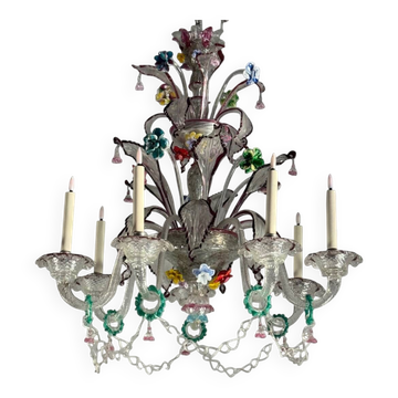 Lustre vénitien en verre de Murano multicolore 7 bras de lumière, vers 1920