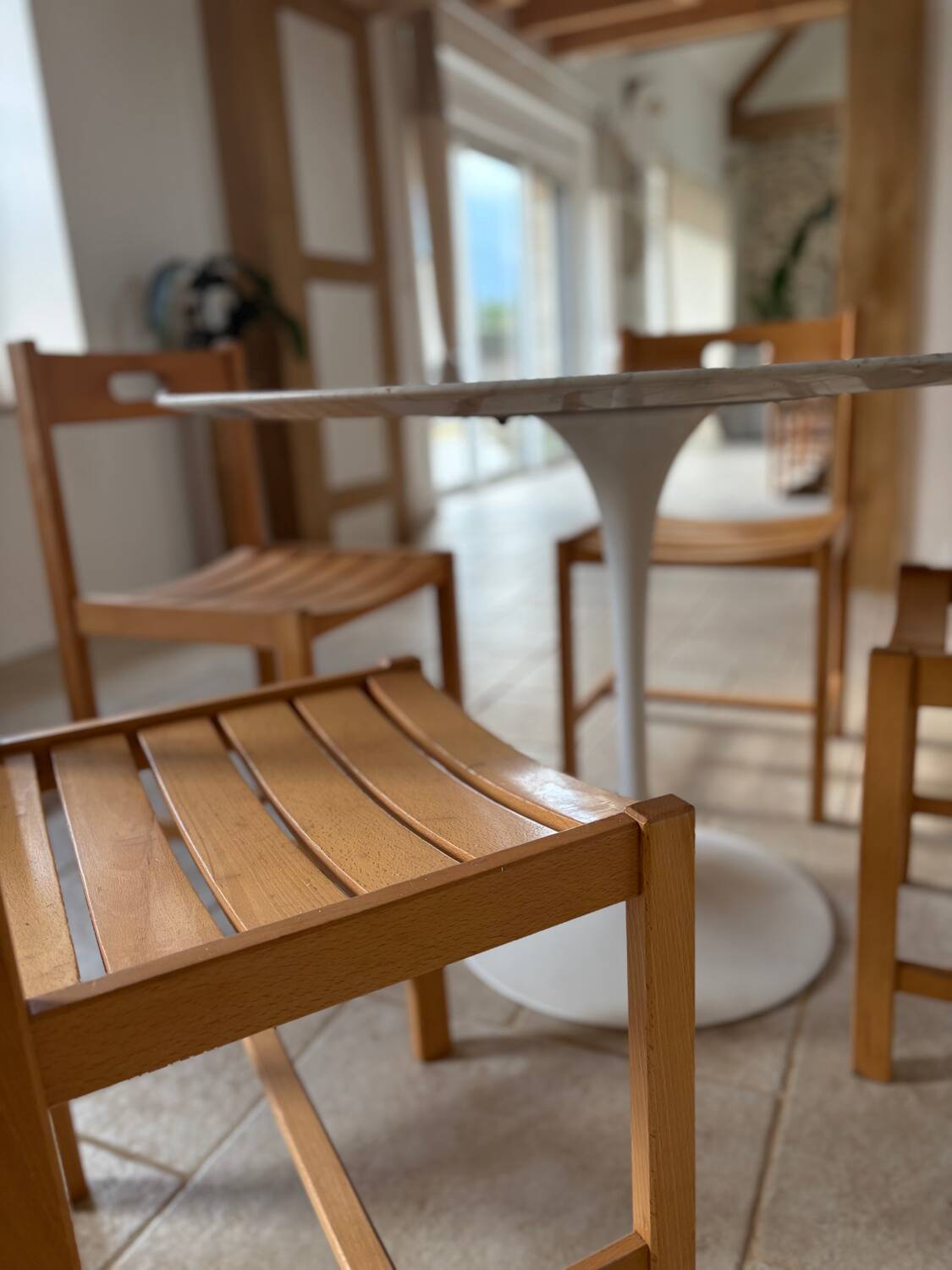 6 solid beech chairs by André Sornay