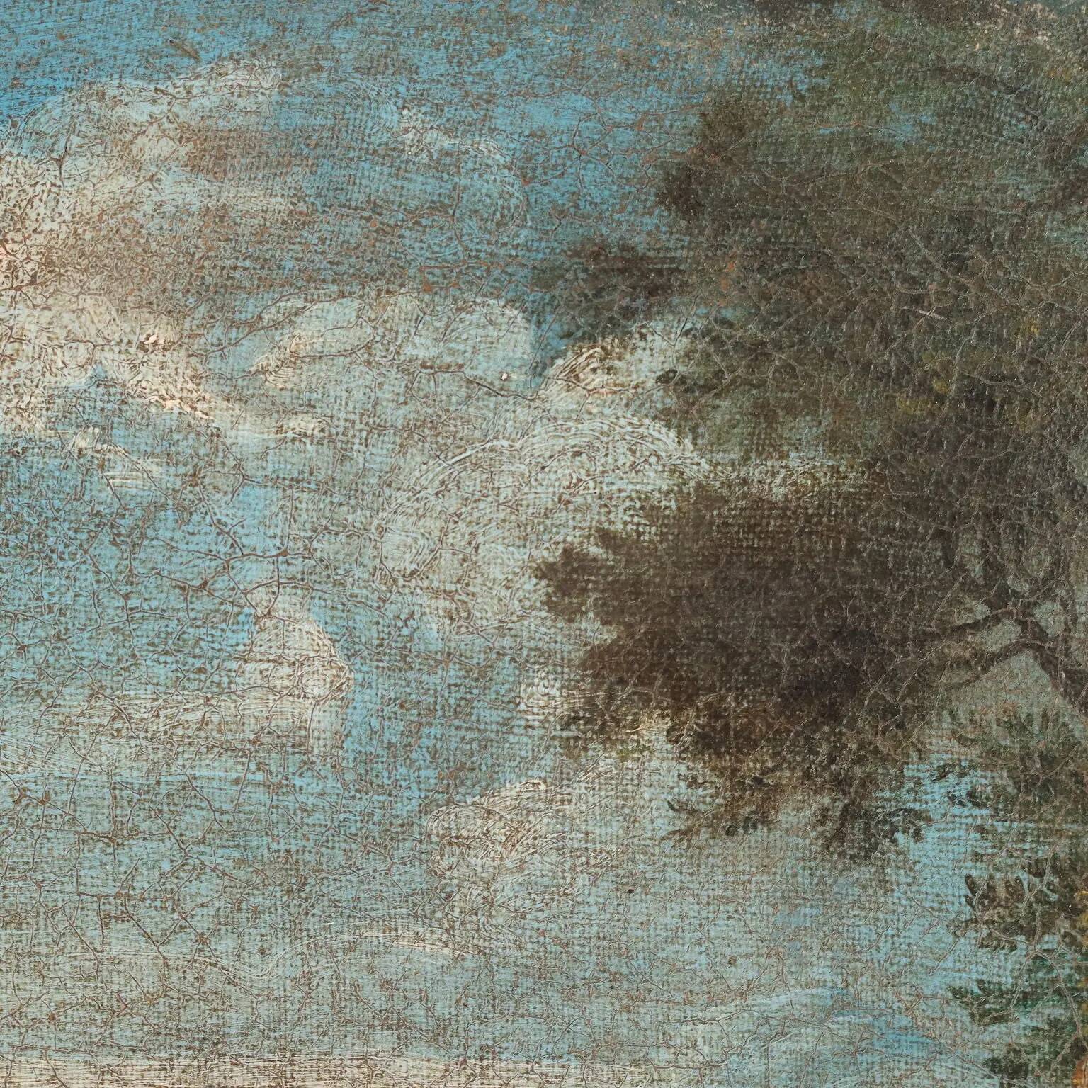 Old painting landscape with bridge, oil on canvas, 18th century