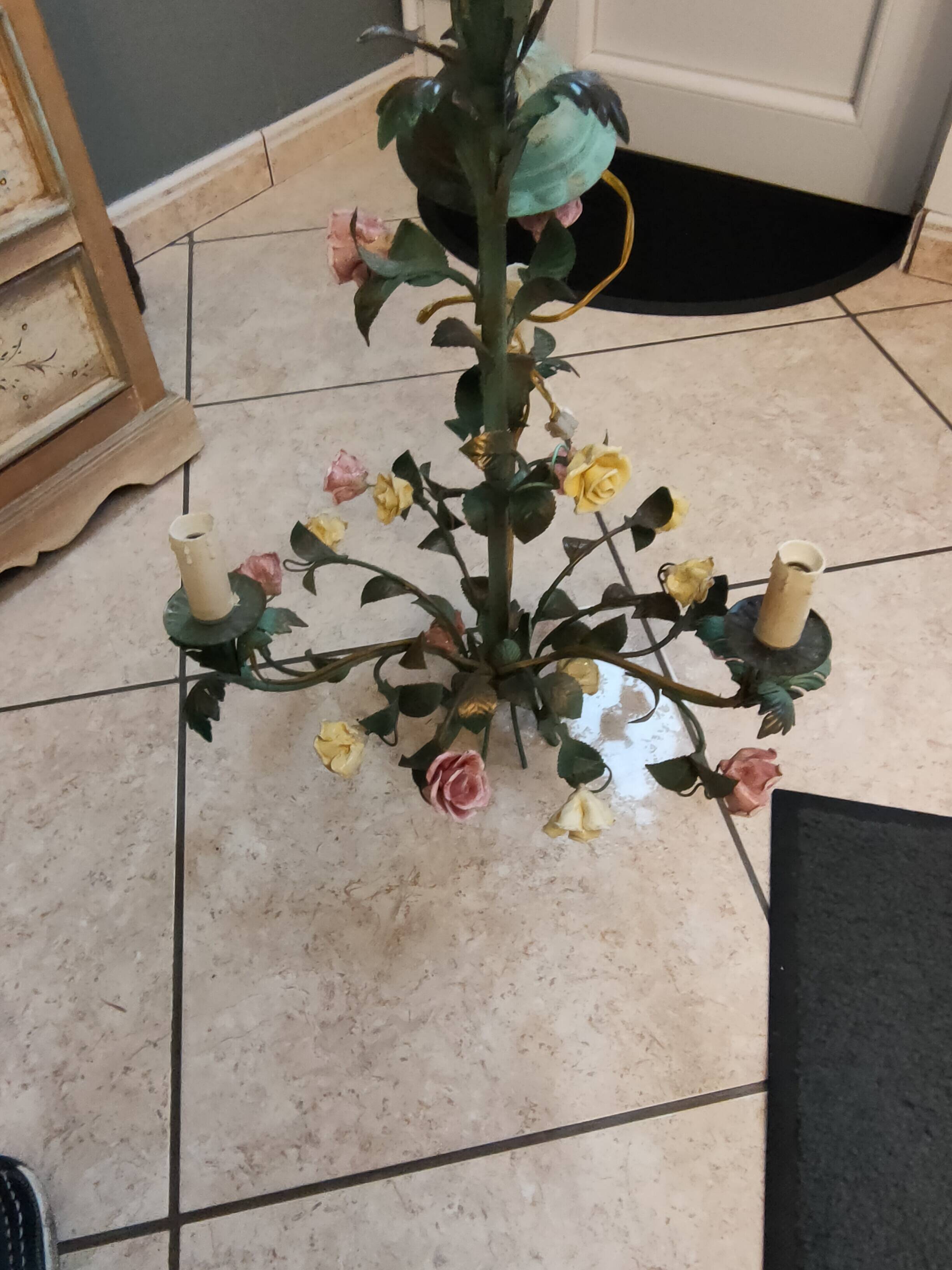 metal chandelier and porcelain flowers