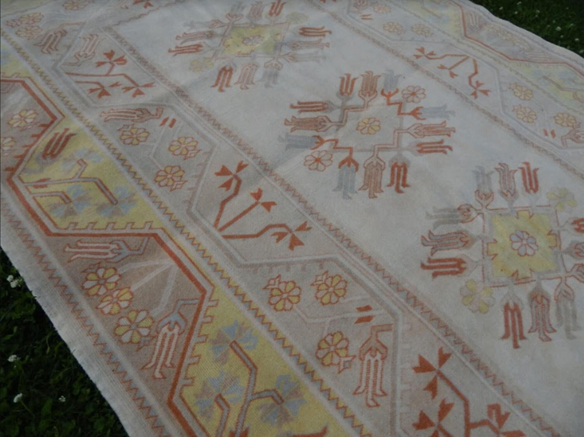 Hand-knotted orange low pile wool oushak rug 6′5″ × 9′5″ (195 x 287 cm)