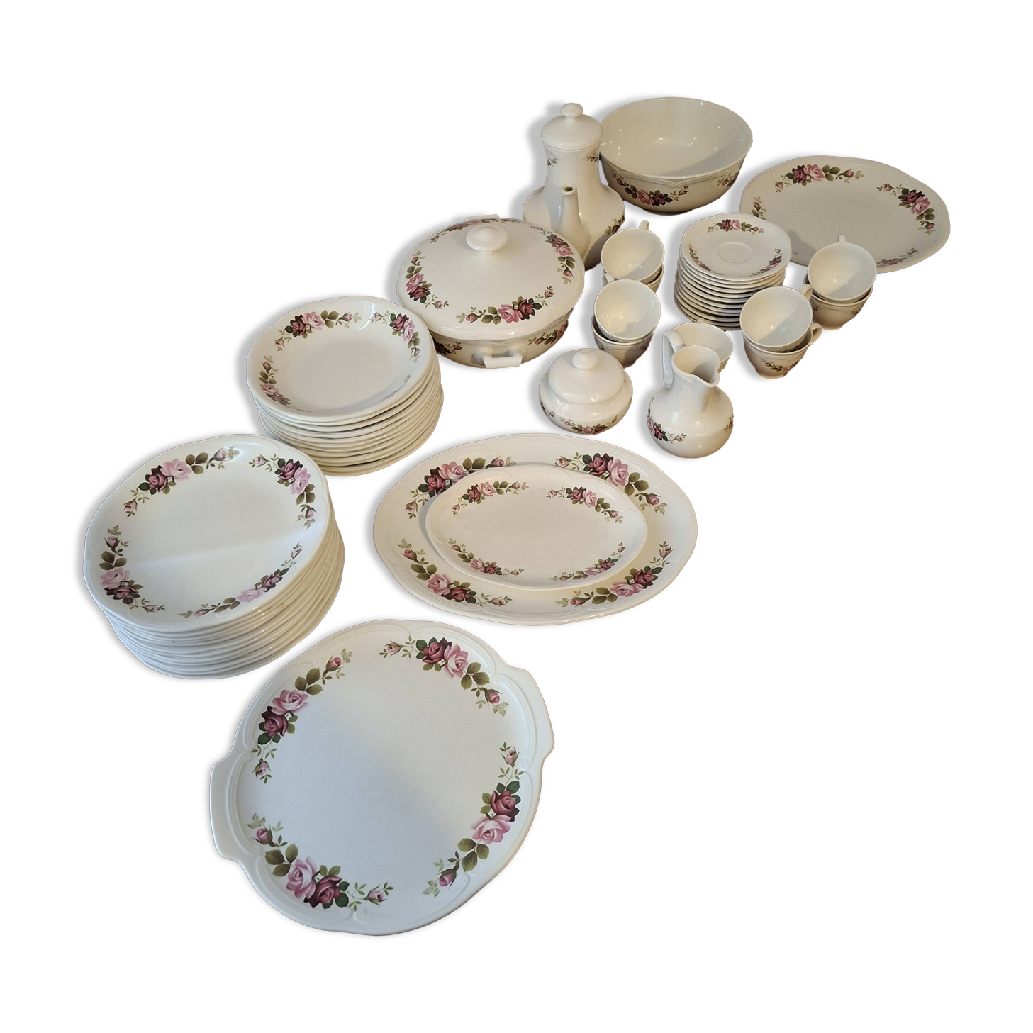 Vintage tableware service in Gien earthenware, "Champs" model with roses – An