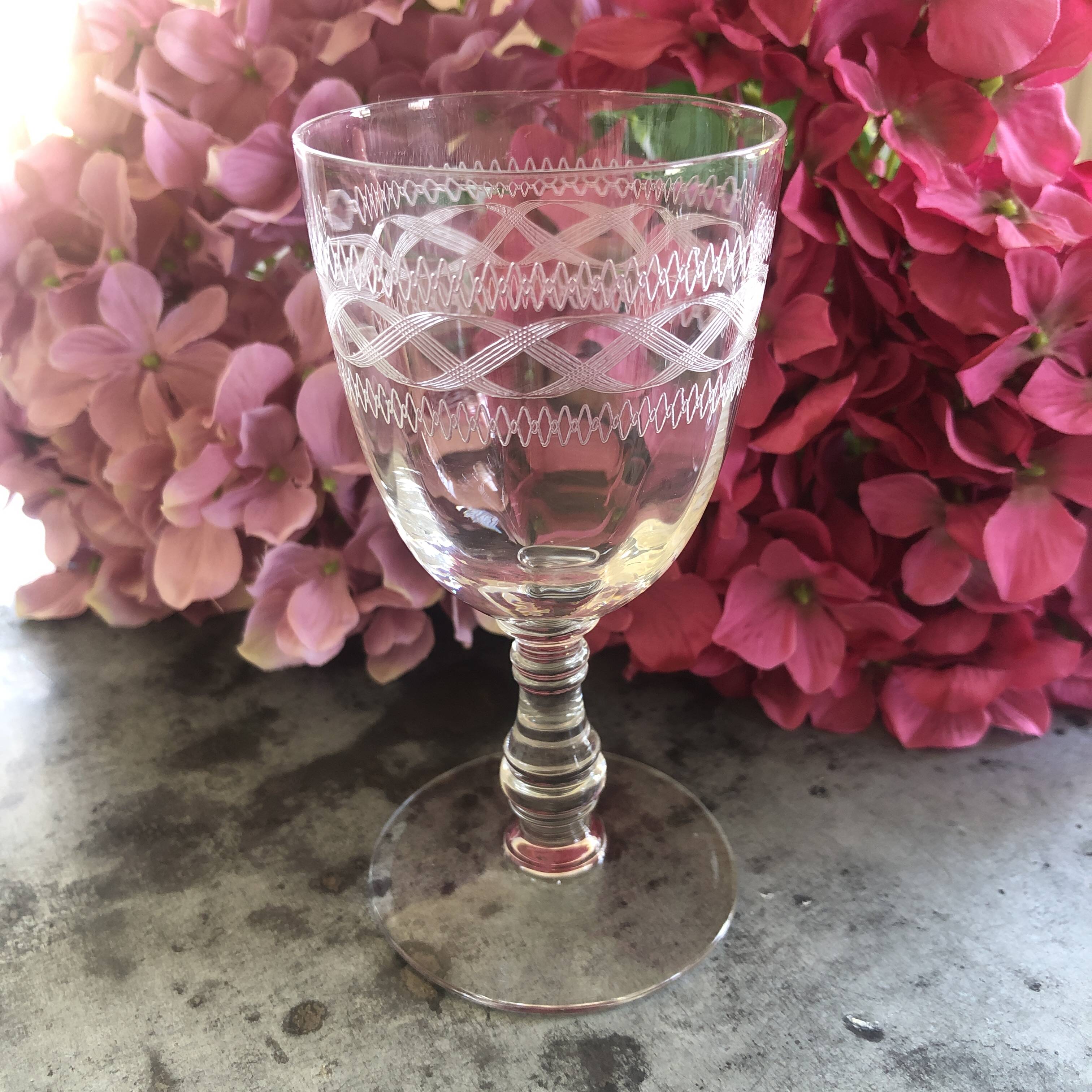 6 old engraved crystal glasses