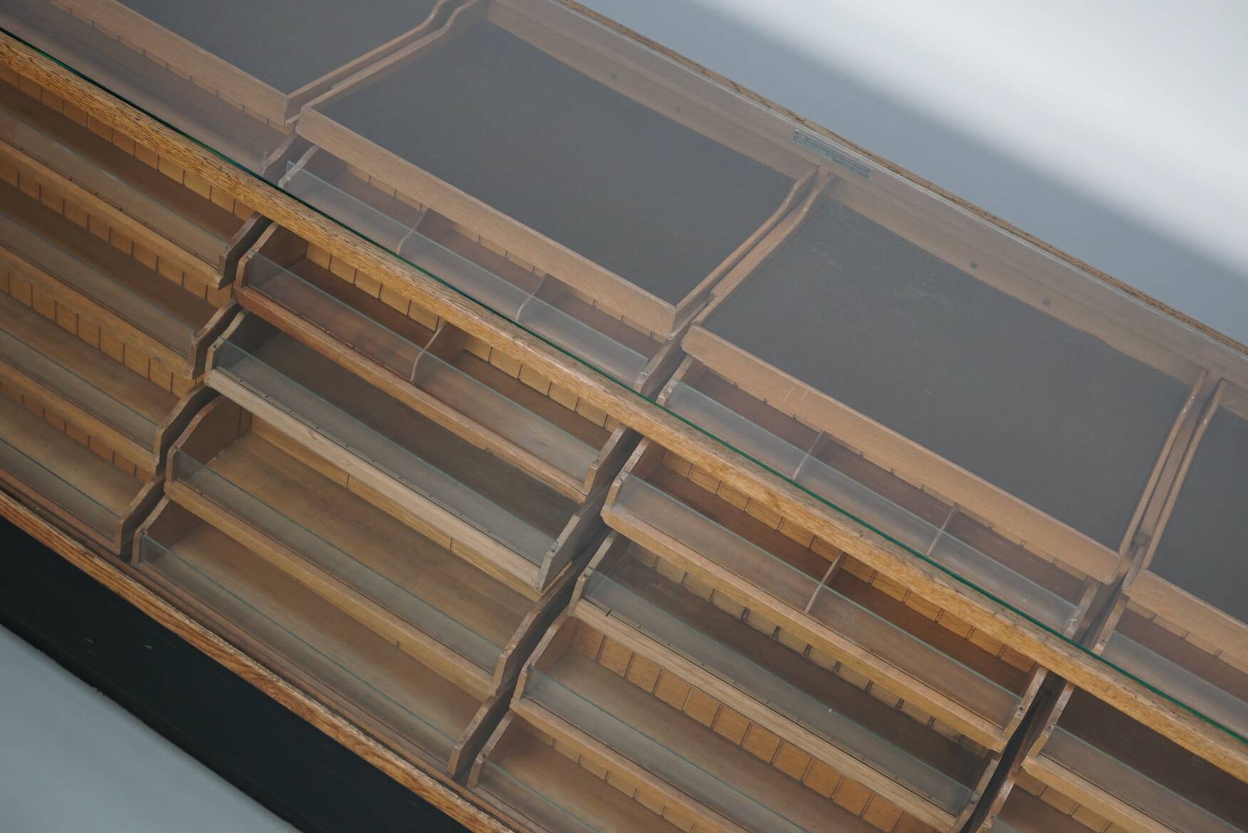 Vintage German Oak Glass Shop Counter Haberdashery Cabinet Vitrine, ca 1950